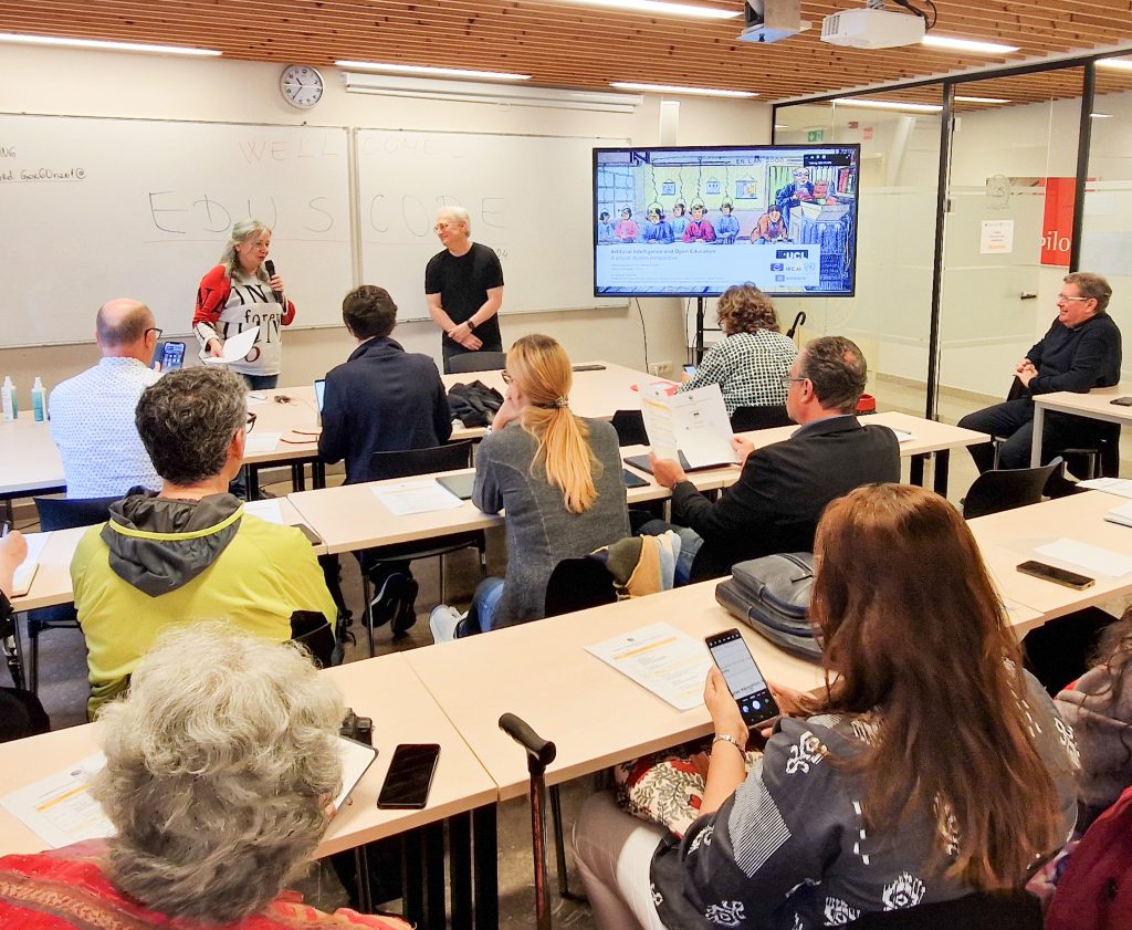 Prof. Wayne Holmes, IRCAI’s researcher, and prof. Susana Loshkovska from UKIM-FCSE, North Macedonia, at the session titled "How AI Can Be Used in Open Education?". (8.10. 2024)