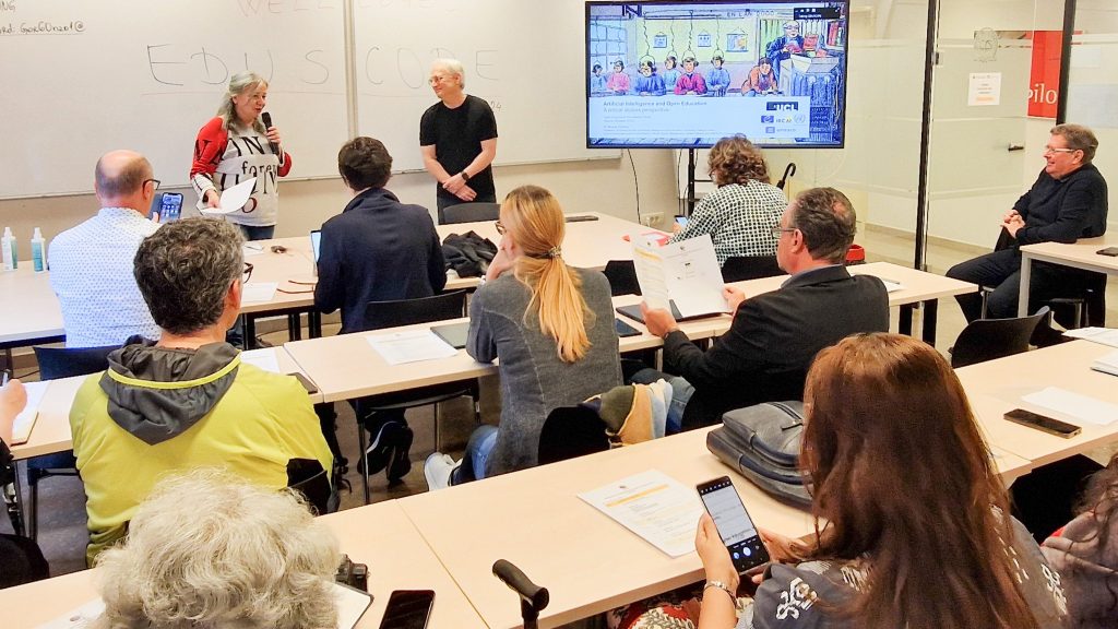 Prof. Wayne Holmes, IRCAI’s researcher, and prof. Susana Loshkovska from UKIM-FCSE, North Macedonia, at the session titled "How AI Can Be Used in Open Education?". (8.10. 2024)